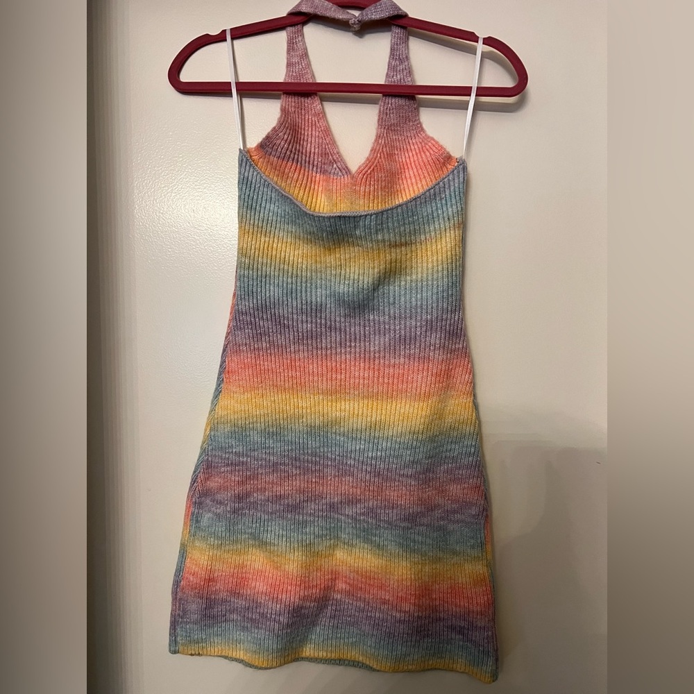 SOLD Beginning Boutique Cloud Nine Halter Mini Dress Rainbow - Picture 4 of 13
